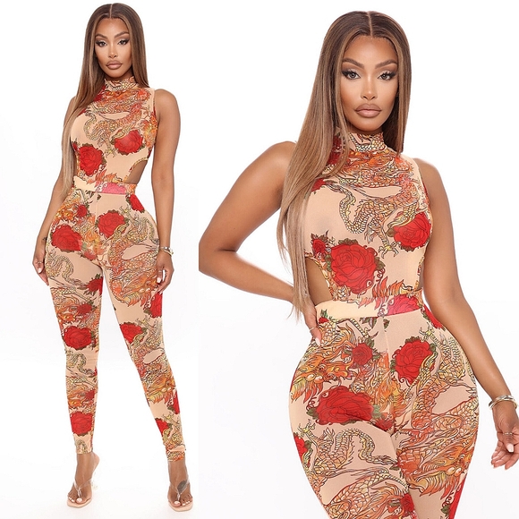 Fashion Nova Pants - ☆Fashion Nova Match My Beauty Taupe Multi Colored Mesh Jumpsuit☆